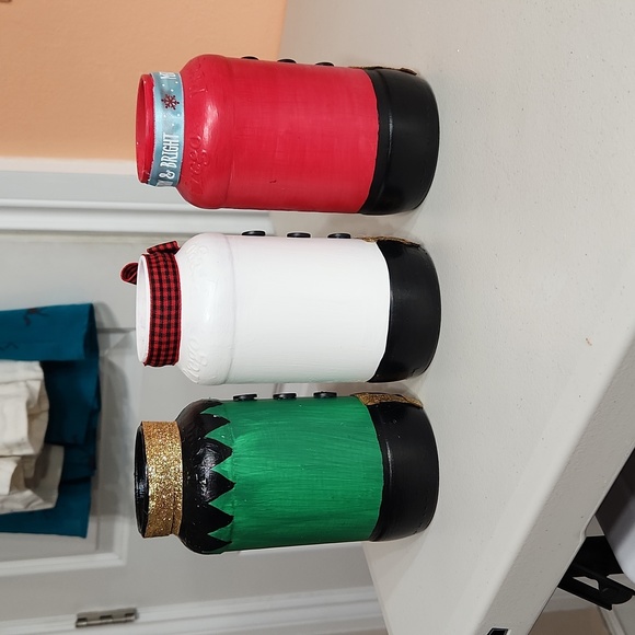 Hand Crafted/Upcycled Santa, Elf, Snowman Jar Set of 3 Holiday Decor - Picture 2 of 6